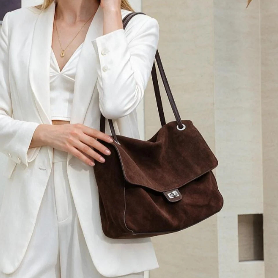 Tote Bag Suede Adjustable Strap Turn-Lock Closure