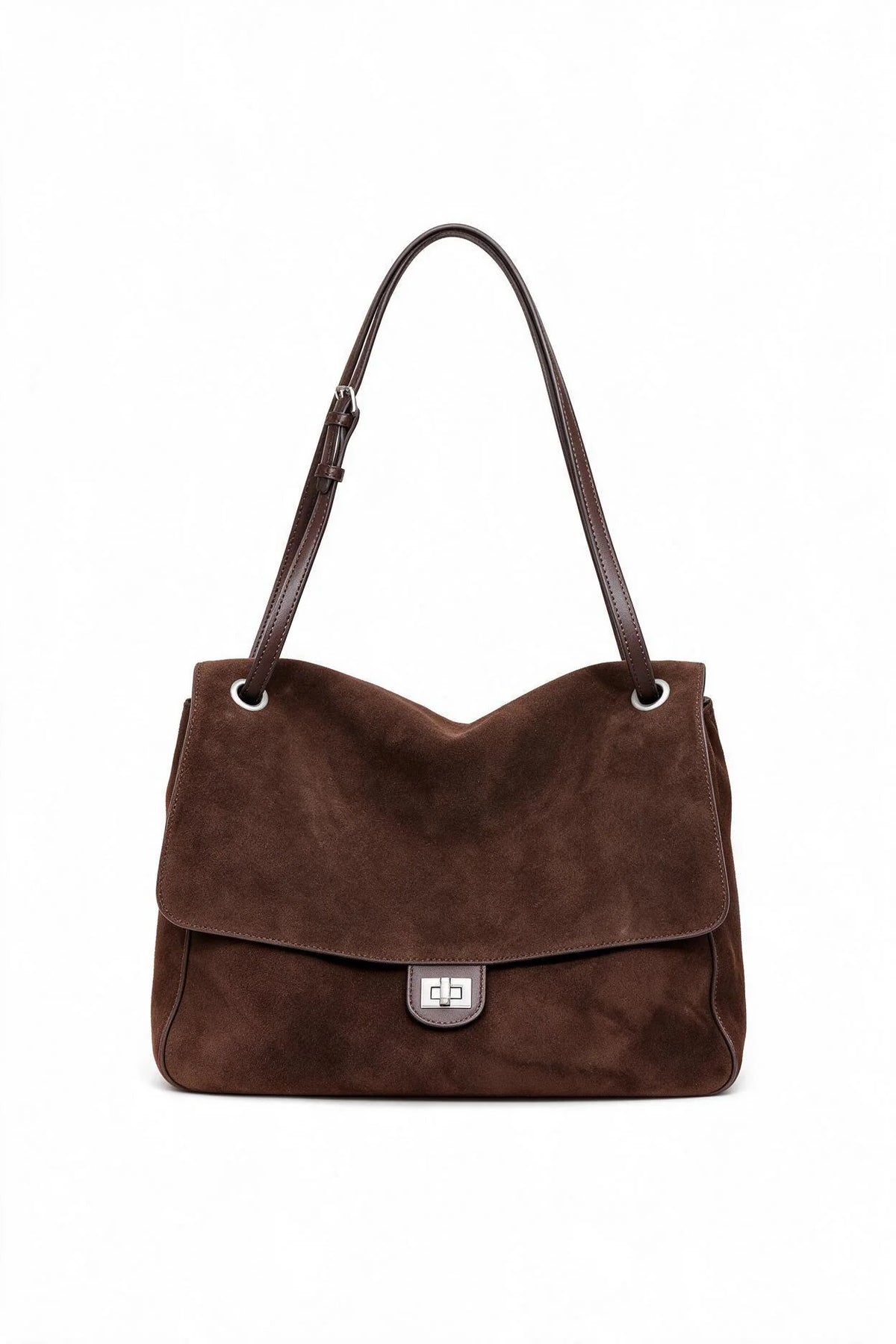Tote Bag Suede Adjustable Strap Turn-Lock Closure