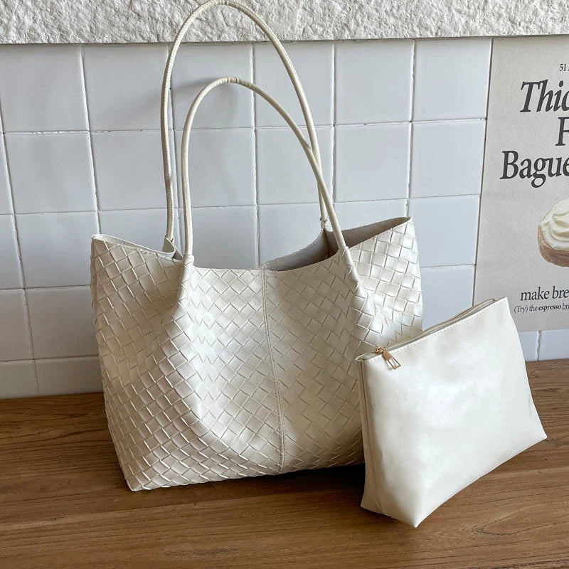 Tote Bag Woven Leather Matching Zipper Pouch Spacious Interior