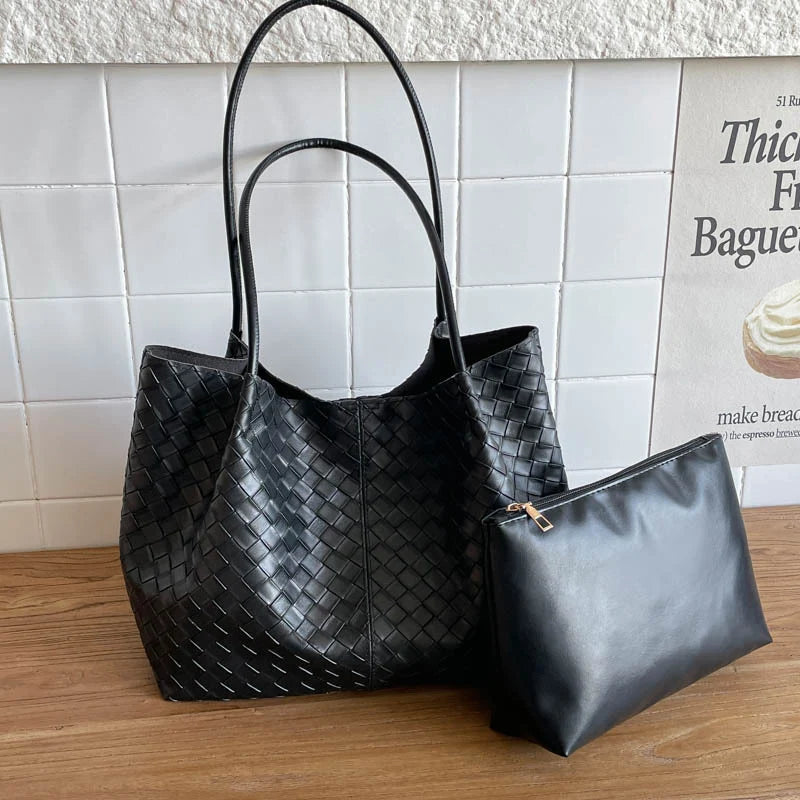Tote Bag Woven Leather Matching Zippered Pouch Included