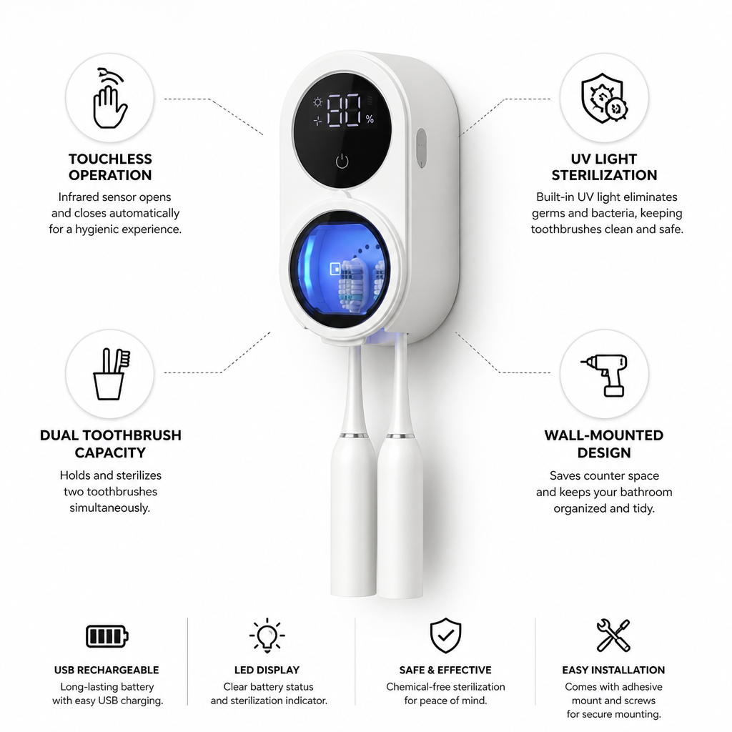 Touchless UV Toothbrush Sterilizer (Wall-Mount, USB Rechargeable)