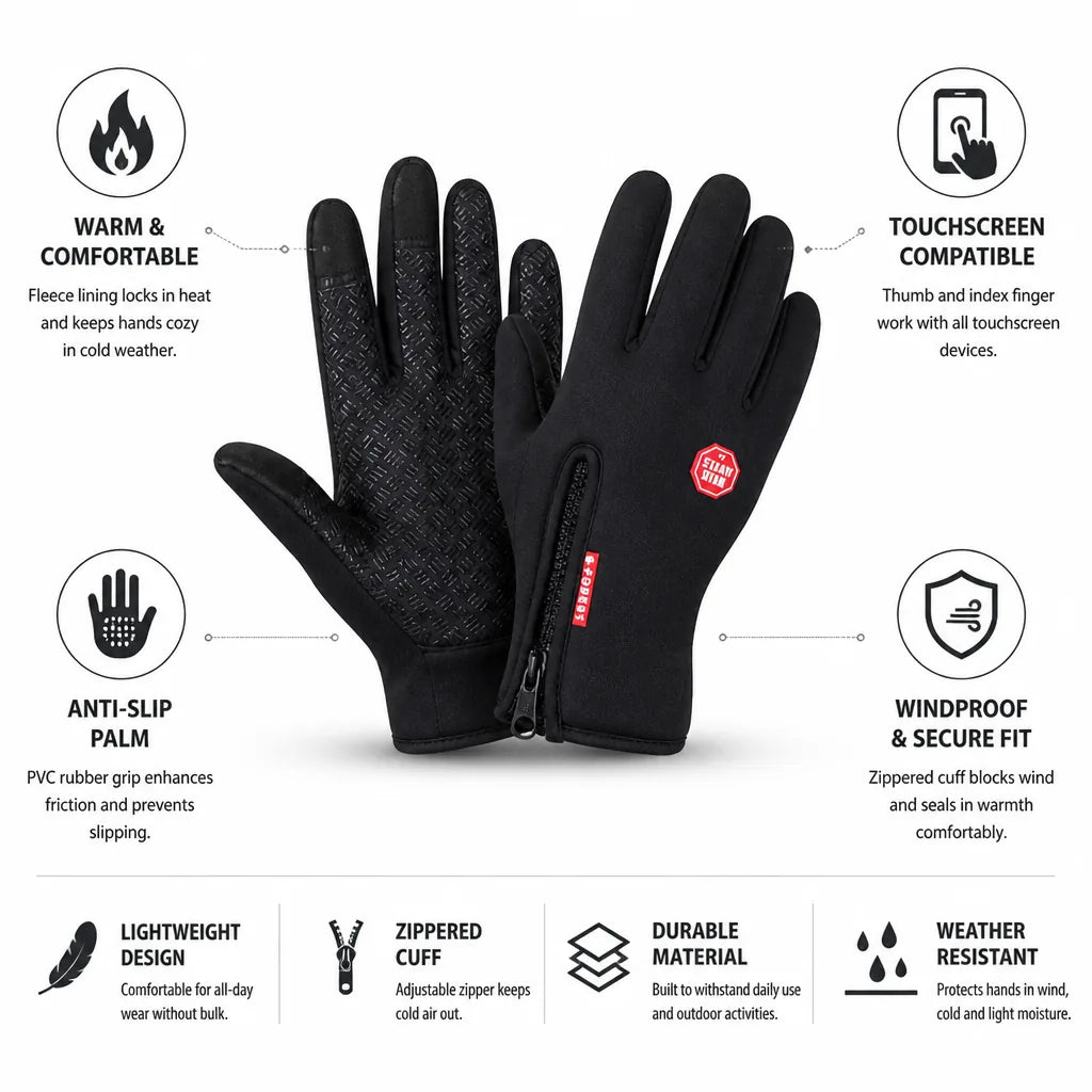 Touchscreen Gloves Fleece-Lined Anti-Slip Palm Zippered Cuff