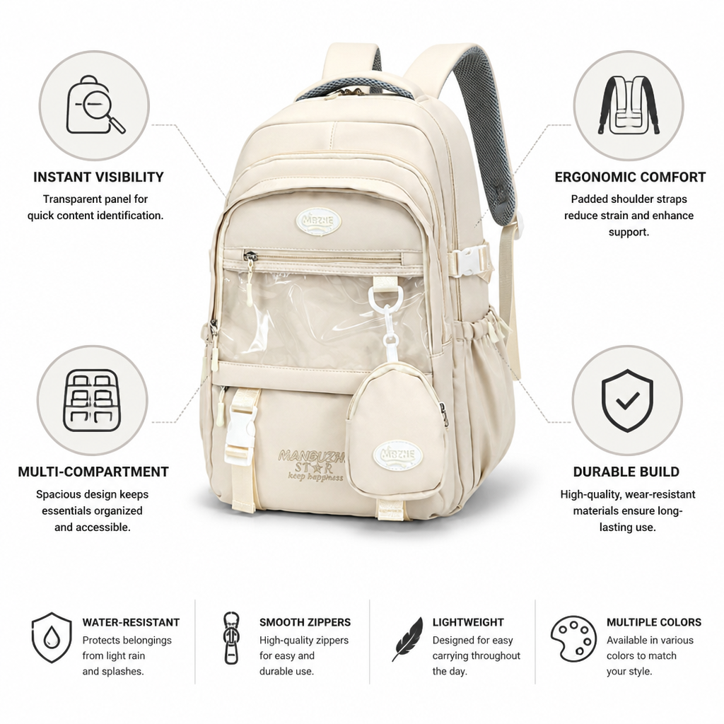 Transparent Front Panel & Padded Shoulder Straps School Backpack