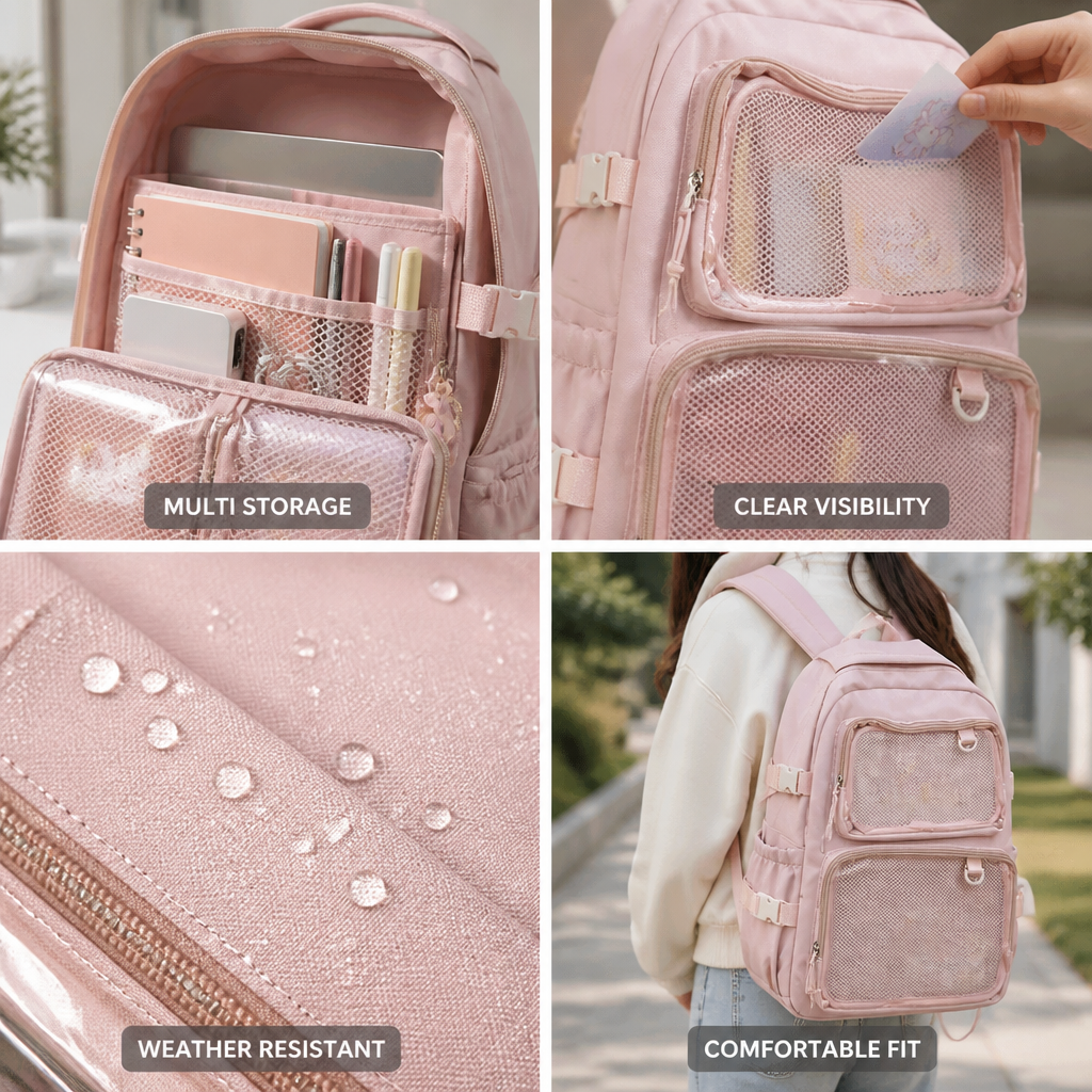 Transparent Mesh Multi-Compartment School Backpack