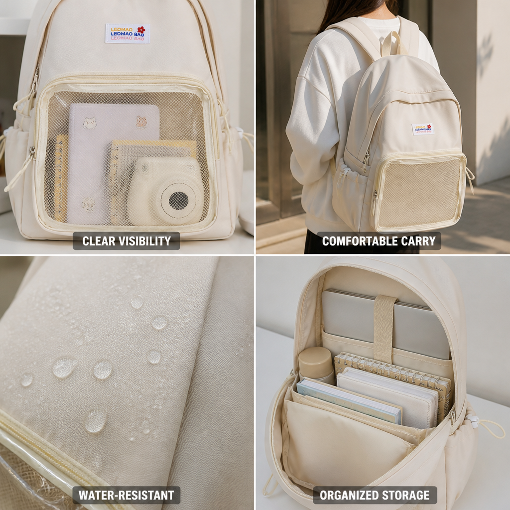 Transparent Panel Water-Resistant School Backpack (Padded Straps & Laptop Pocket)