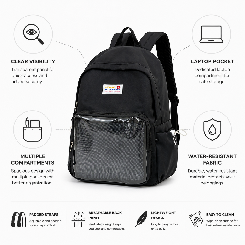 Transparent Panel Water-Resistant School Backpack (Padded Straps & Laptop Pocket)
