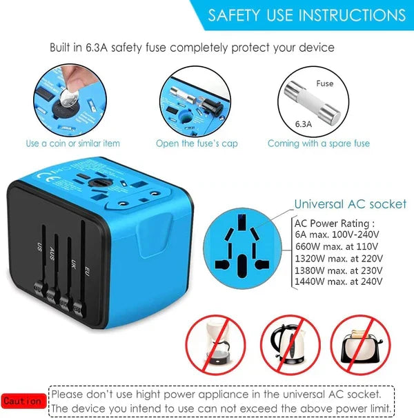 Travel Adapter Universal 4 USB Surge Protection