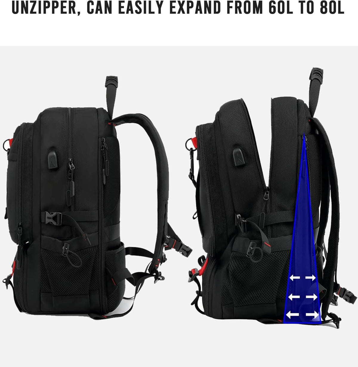 Travel Backpack Expandable 60L Padded Laptop & Built-In USB