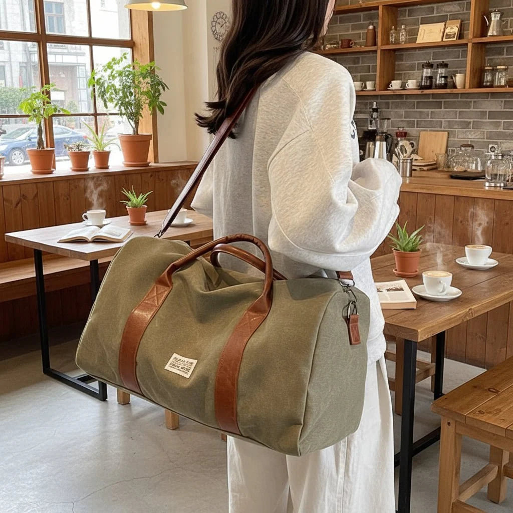 Travel Bag Washed Canvas Multiple Pockets Adjustable Shoulder Strap