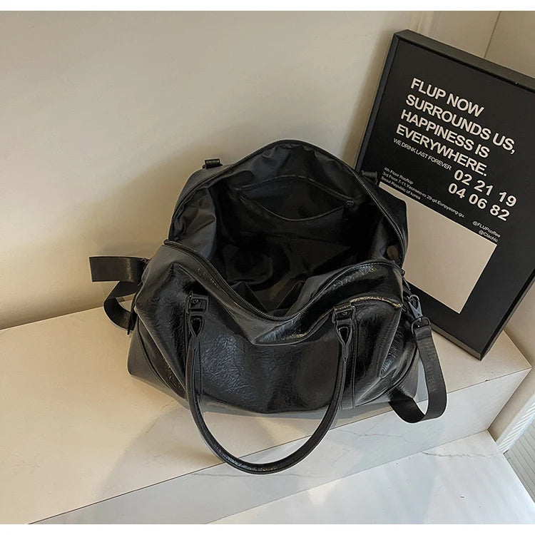 Travel Duffle Bag Leather Adjustable Strap Multiple Pockets