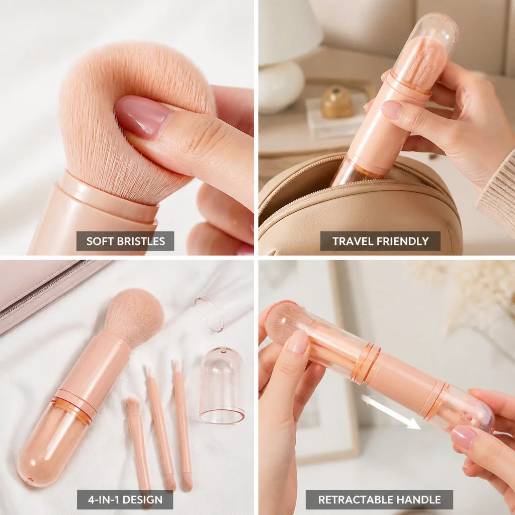 Travel Makeup Brush 4-in-1 Retractable Handle Soft Bristles