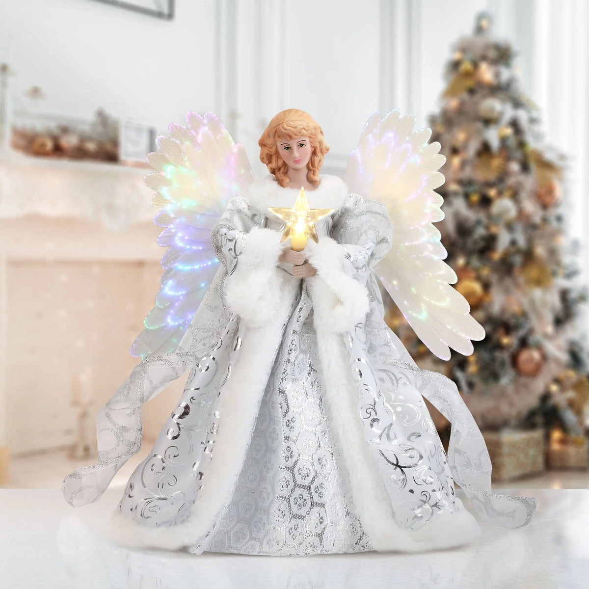 Tree Topper Angel Animated Fiber Optic Warm White Star