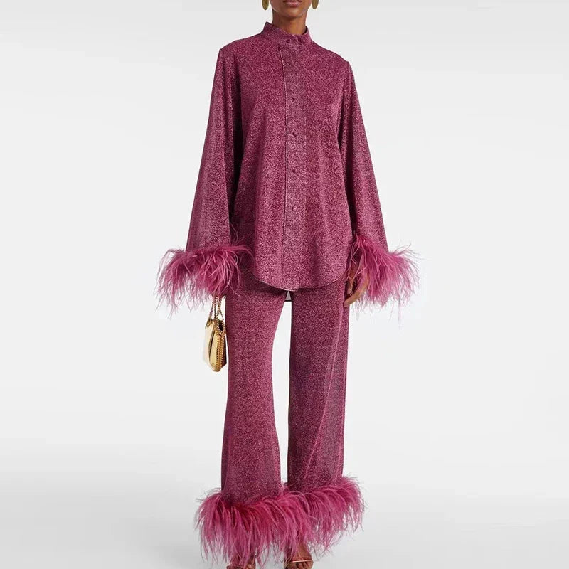 Two-Piece Set Glitter Finish Feather Trim Wide-Leg Pants