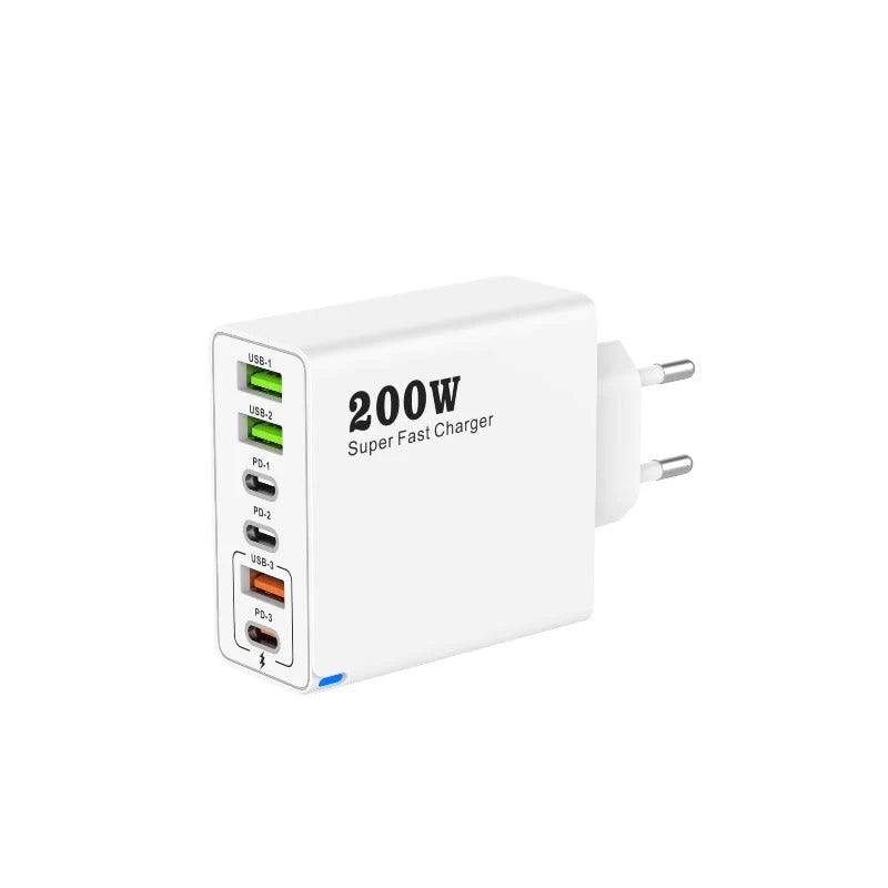 USB Charger 200W Six-Port USB-A & USB-C Fast Charging