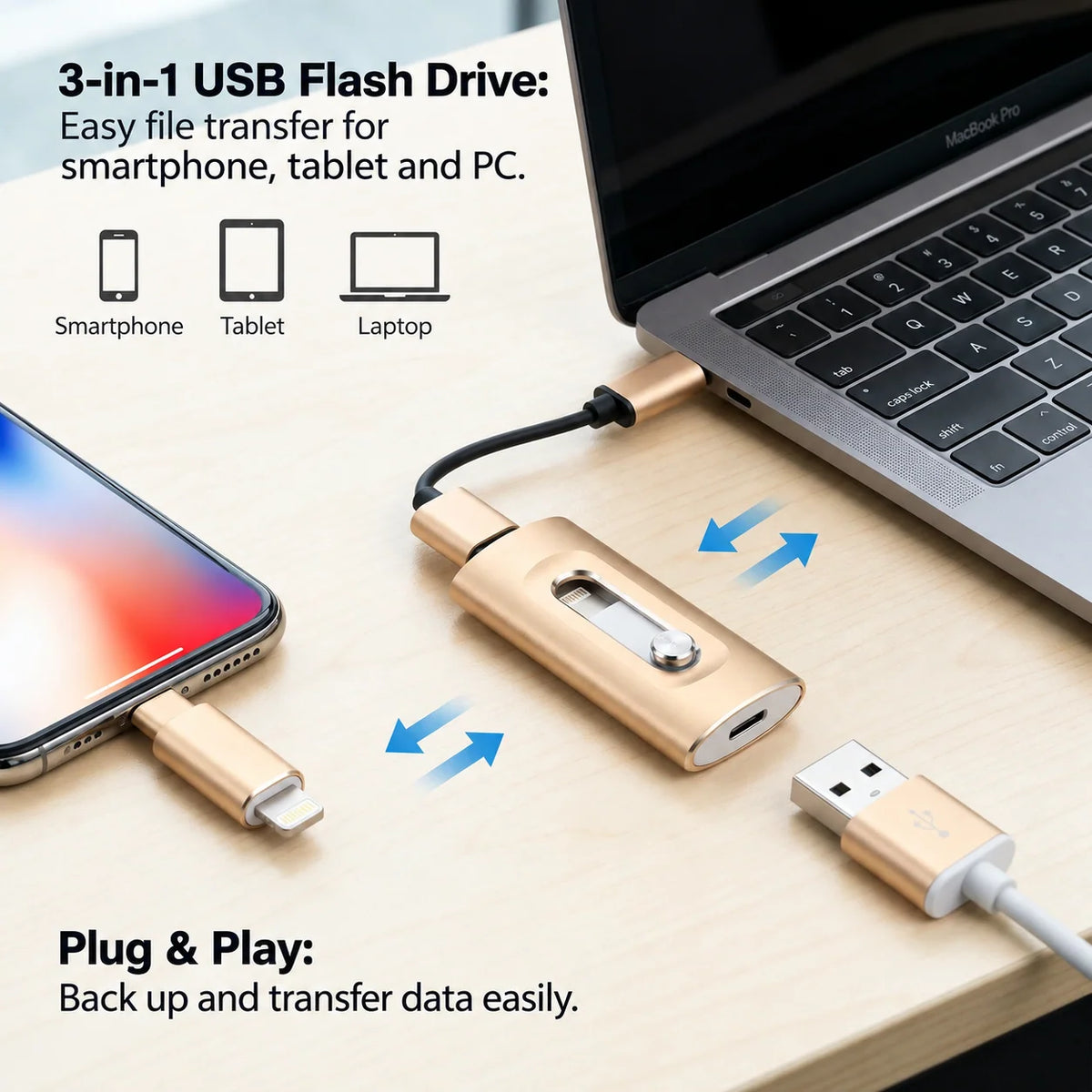 USB Flash Drive USB 3.0 & Type-C Foldable Metal with OTG Adapter