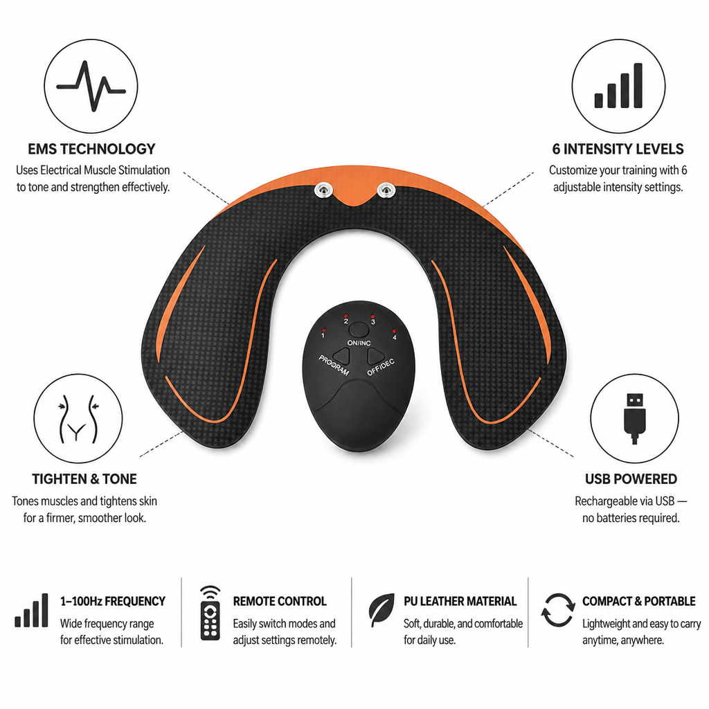 USB-Powered EMS Hip & Glute Trainer (Ergonomic U-Shape, PU Leather)