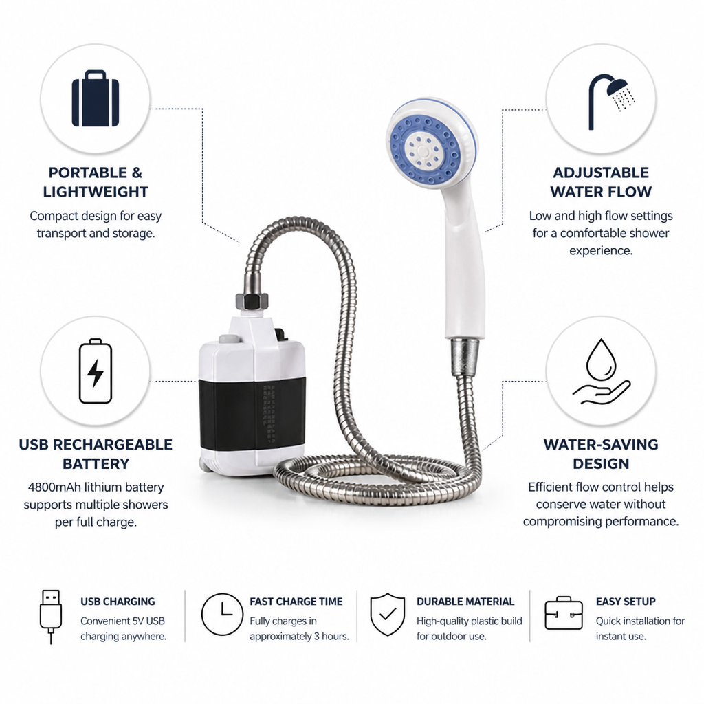 USB Rechargeable Adjustable-Flow Portable Electric Shower