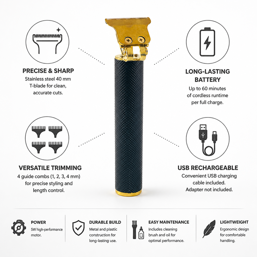 USB-Rechargeable Stainless Steel Hair & Beard Trimmer (60-Minute Runtime)