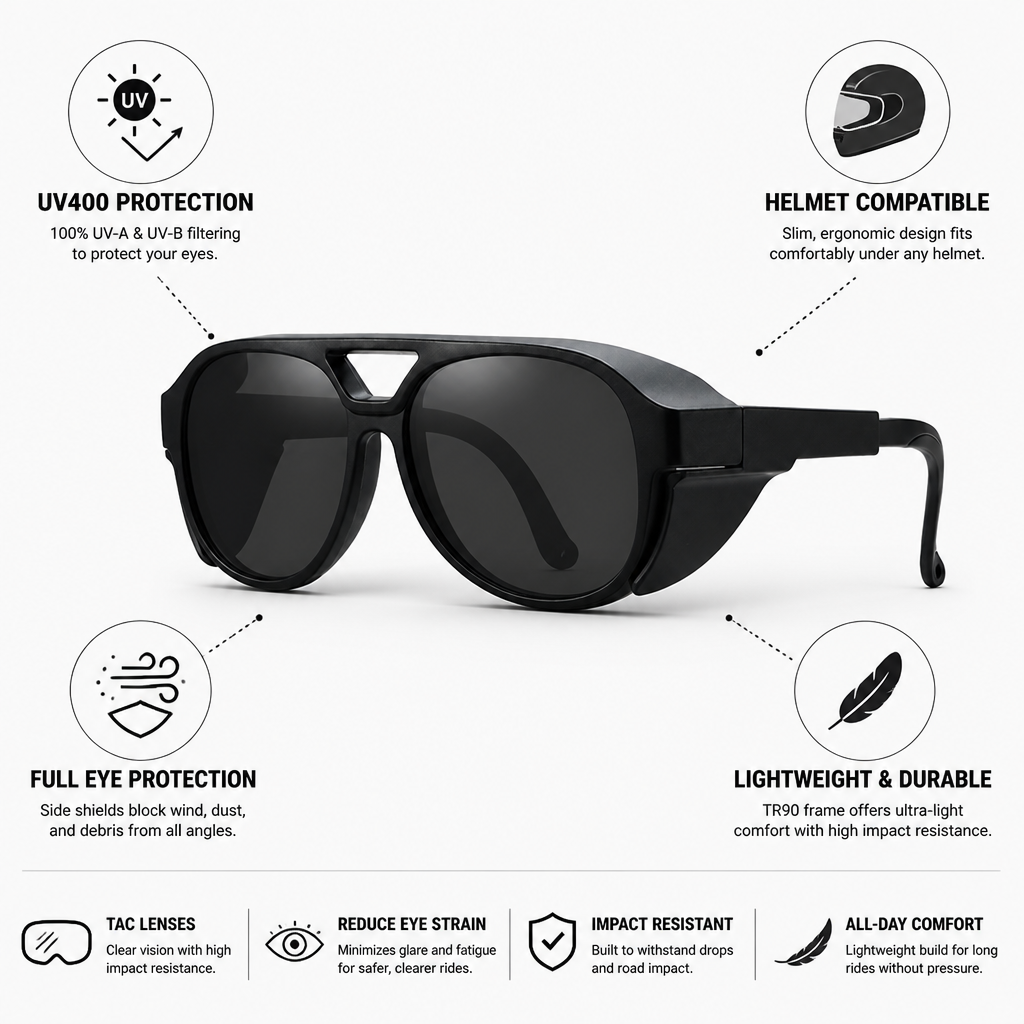 UV400 Wraparound Motorcycle Goggles (Helmet-Compatible)