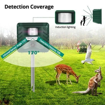 Ultrasonic Animal Repeller Solar-Powered Motion-Activated 70-Foot Weatherproof