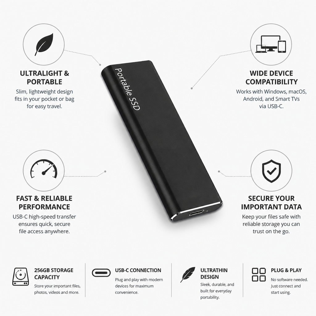 Ultrathin High-Speed USB-C External Hard Drive (256GB)