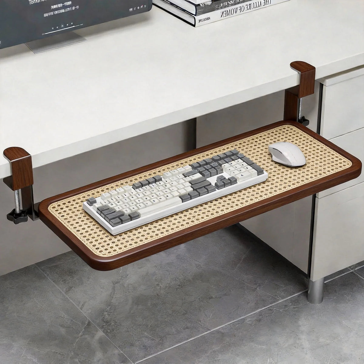 Under-Desk Keyboard Tray Wooden Pull-Out Clamp-On No-Drill Mount