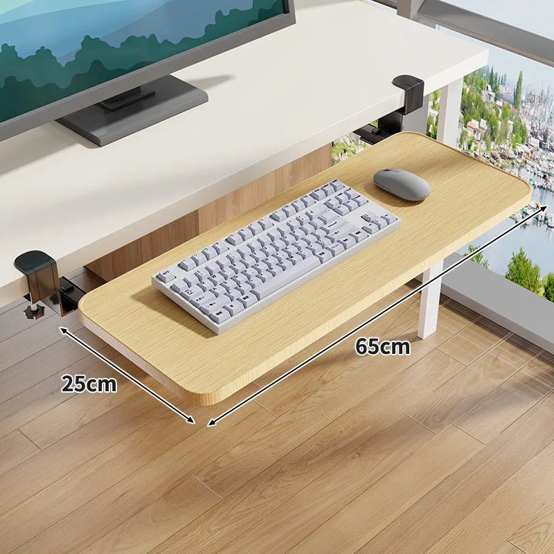 Under-Desk Keyboard Tray Wooden Pull-Out Clamp-On No-Drill Mount