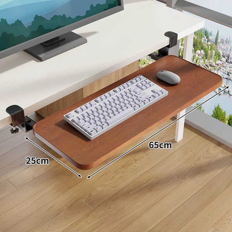 Under-Desk Keyboard Tray Wooden Pull-Out Clamp-On No-Drill Mount