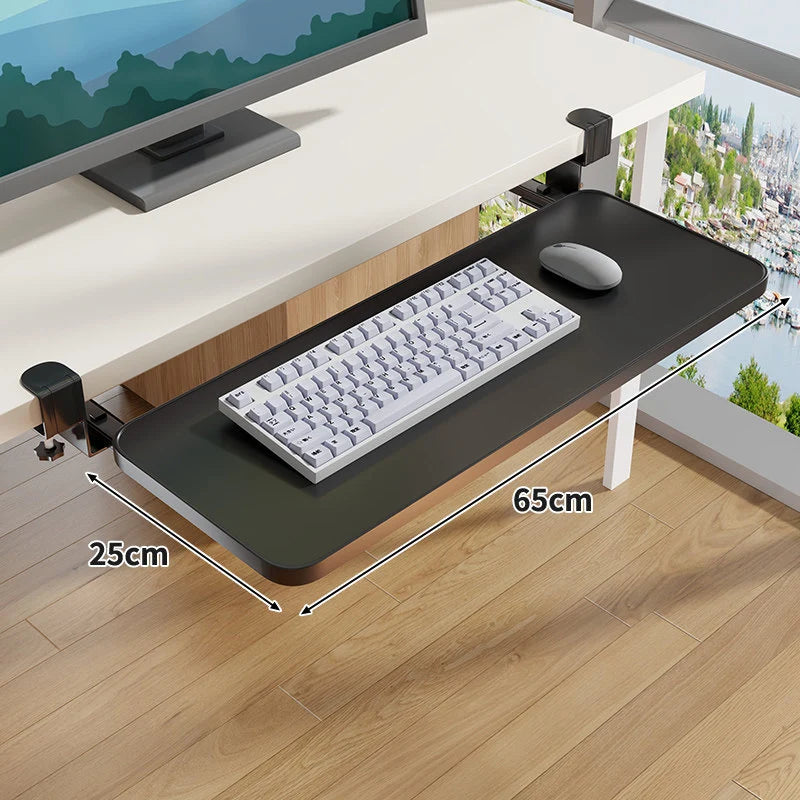 Under-Desk Keyboard Tray Wooden Pull-Out Clamp-On No-Drill Mount