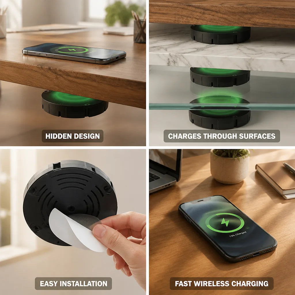 Under-Desk Wireless Charger Hidden Mounting Through Wood & Stone