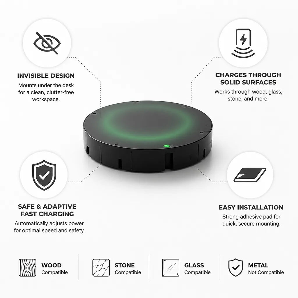 Under-Desk Wireless Charger Hidden Mounting Through Wood & Stone