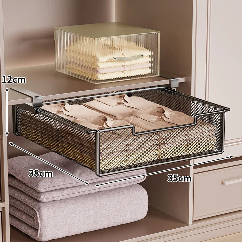 Under-Shelf Drawer Organizer Steel Mesh Tool-Free Pull-Out