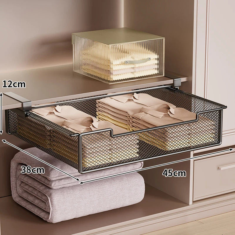 Under-Shelf Drawer Organizer Steel Mesh Tool-Free Pull-Out