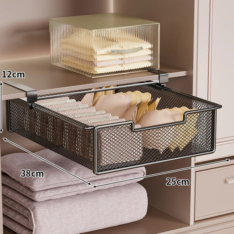 Under-Shelf Drawer Organizer Steel Mesh Tool-Free Pull-Out