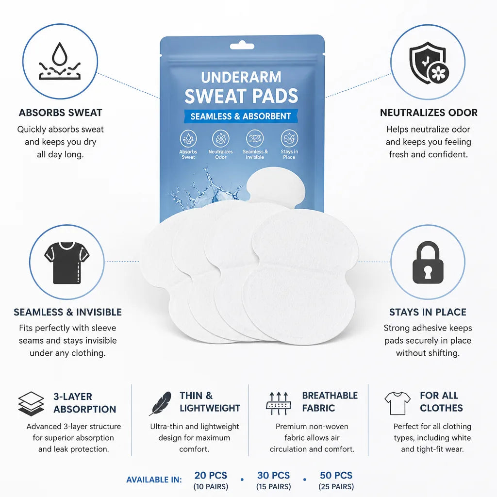 Underarm Sweat Pads Seamless Adhesive Absorbent Odor Control