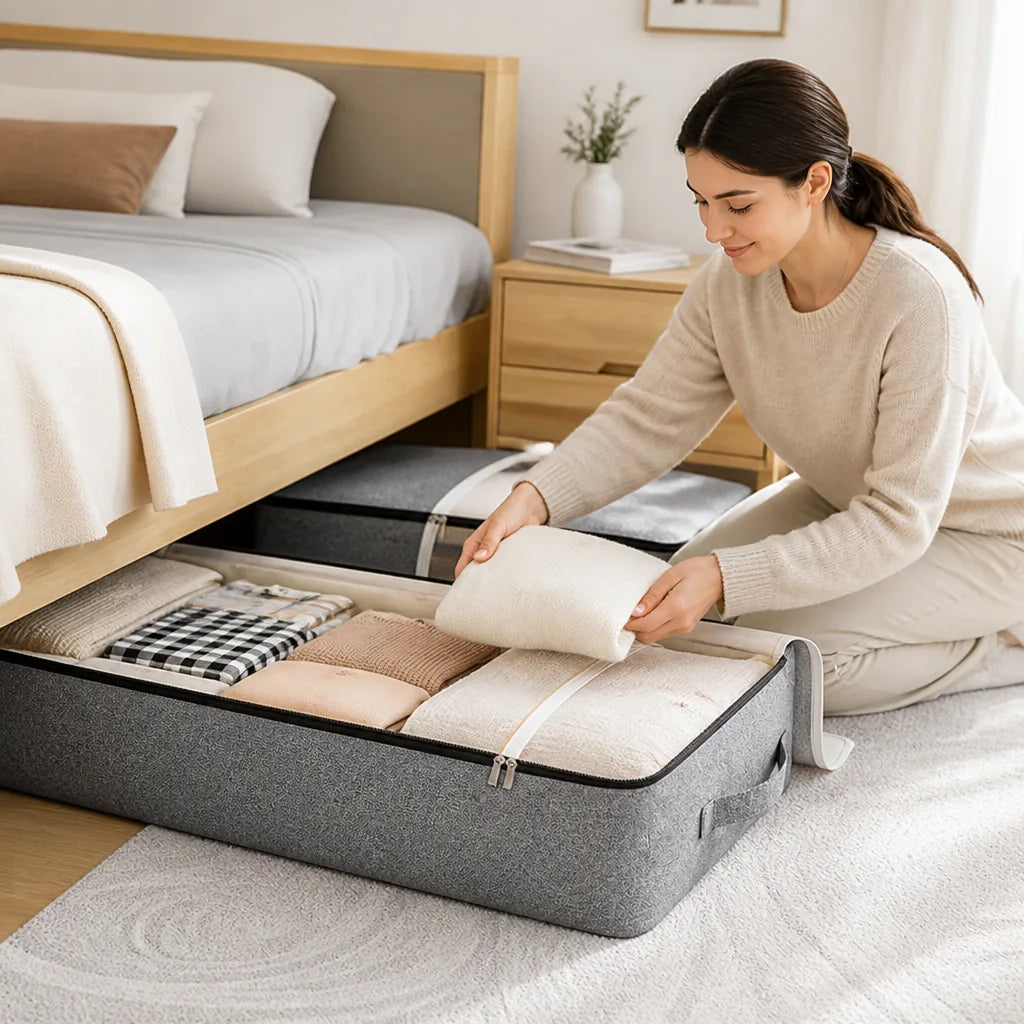 Underbed Storage Bag Polyester Fabric Clear Window Metal Zipper