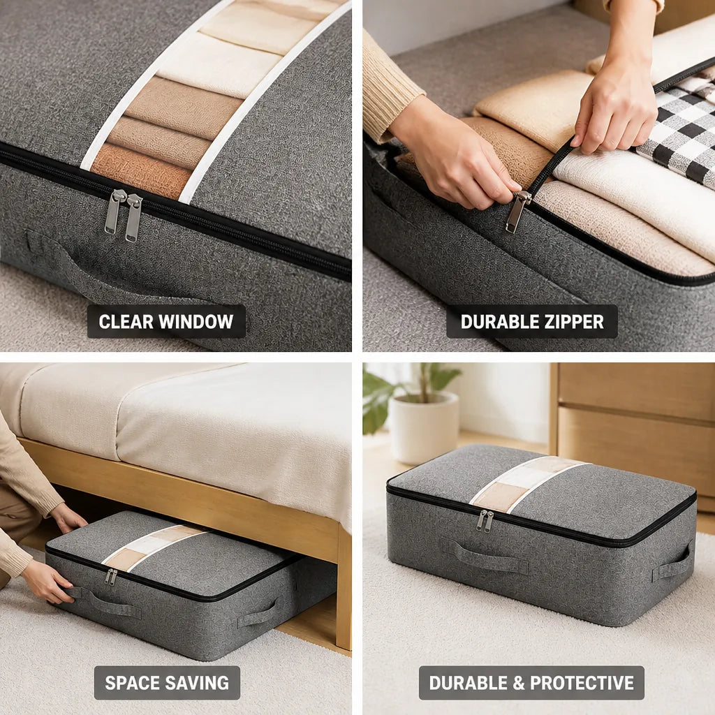 Underbed Storage Bag Polyester Fabric Clear Window Metal Zipper