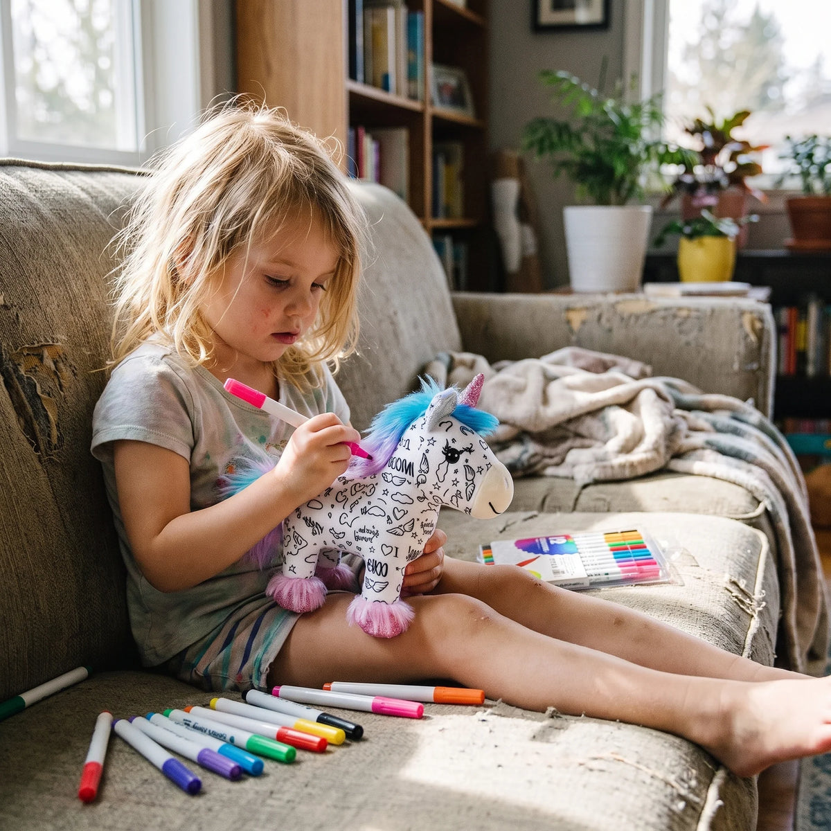 Unicorn Plush Toy Washable Colour-Your-Own 12 Markers Included
