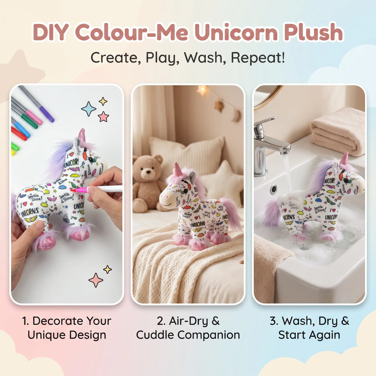 Unicorn Plush Toy Washable Colour-Your-Own 12 Markers Included
