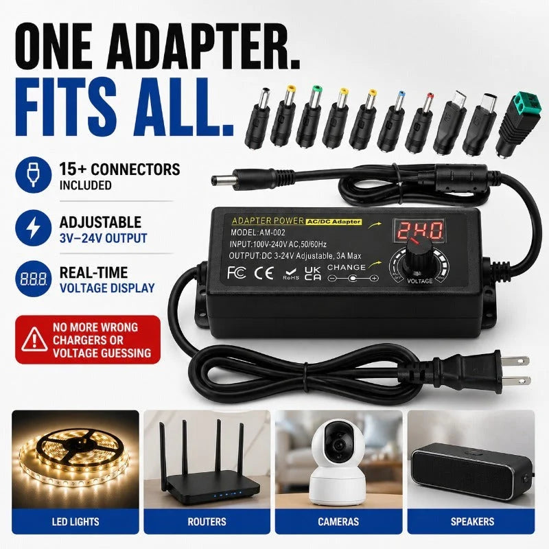 Universal Power Adapter Adjustable Voltage LED Display 15 Tips