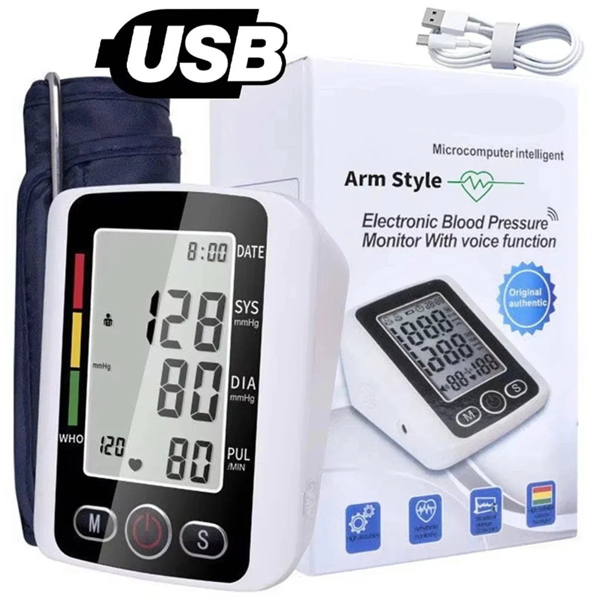 Upper Arm Blood Pressure Monitor Backlit LCD Memory Function