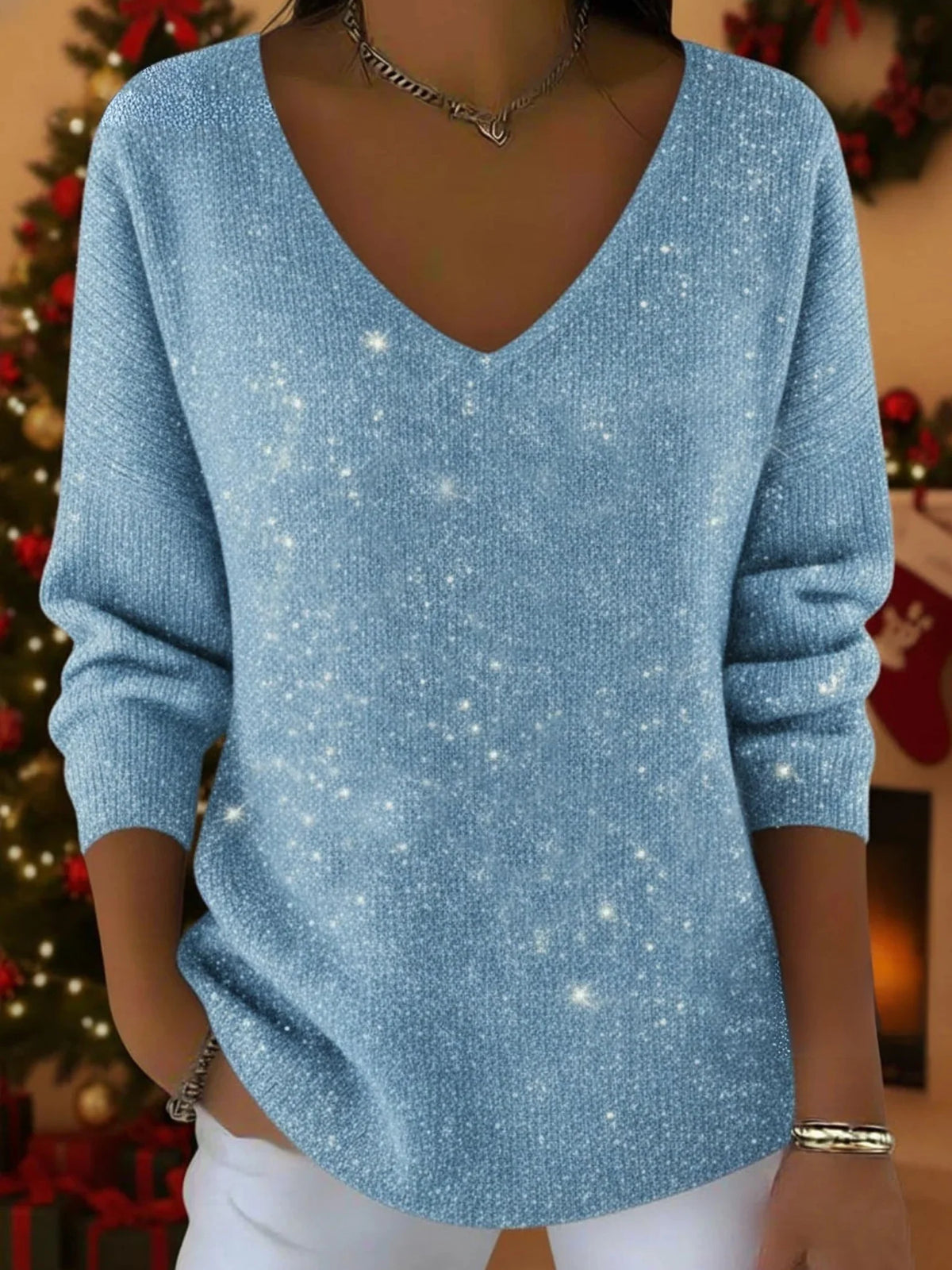 V-Neck Sweater Soft Knit Relaxed Fit Long Sleeves