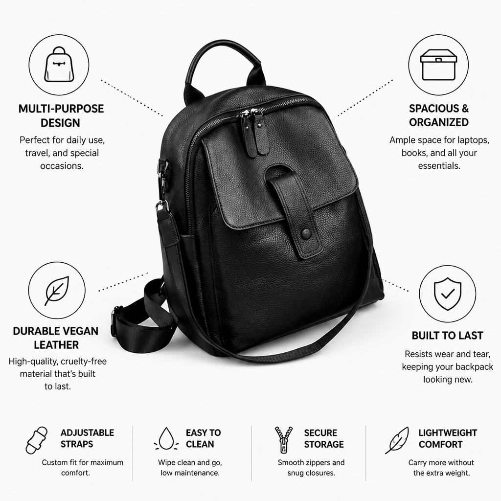 Vegan Leather Spacious Multi-Functional Backpack