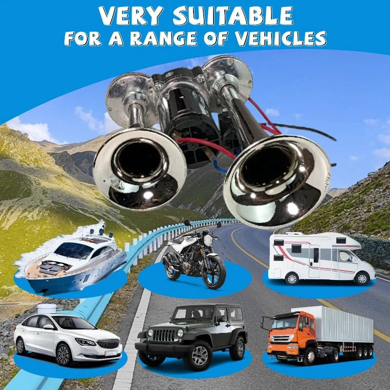 Vehicle Air Horn Dual Trumpet Built-In Compressor