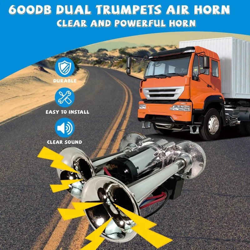 Vehicle Air Horn Dual Trumpet Built-In Compressor