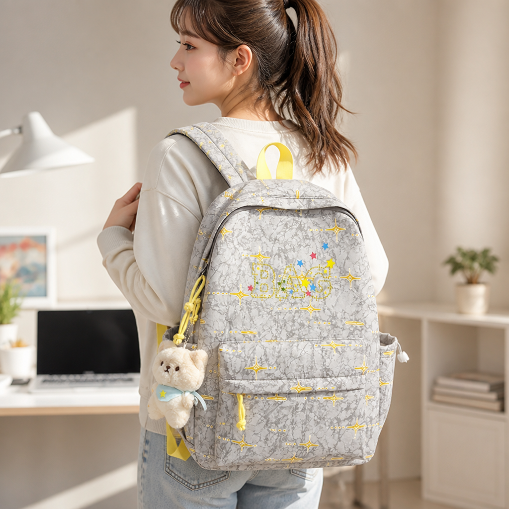 Vibrant Pattern Durable Fabric & Padded Straps Kids Backpack (With Plush Keychain)