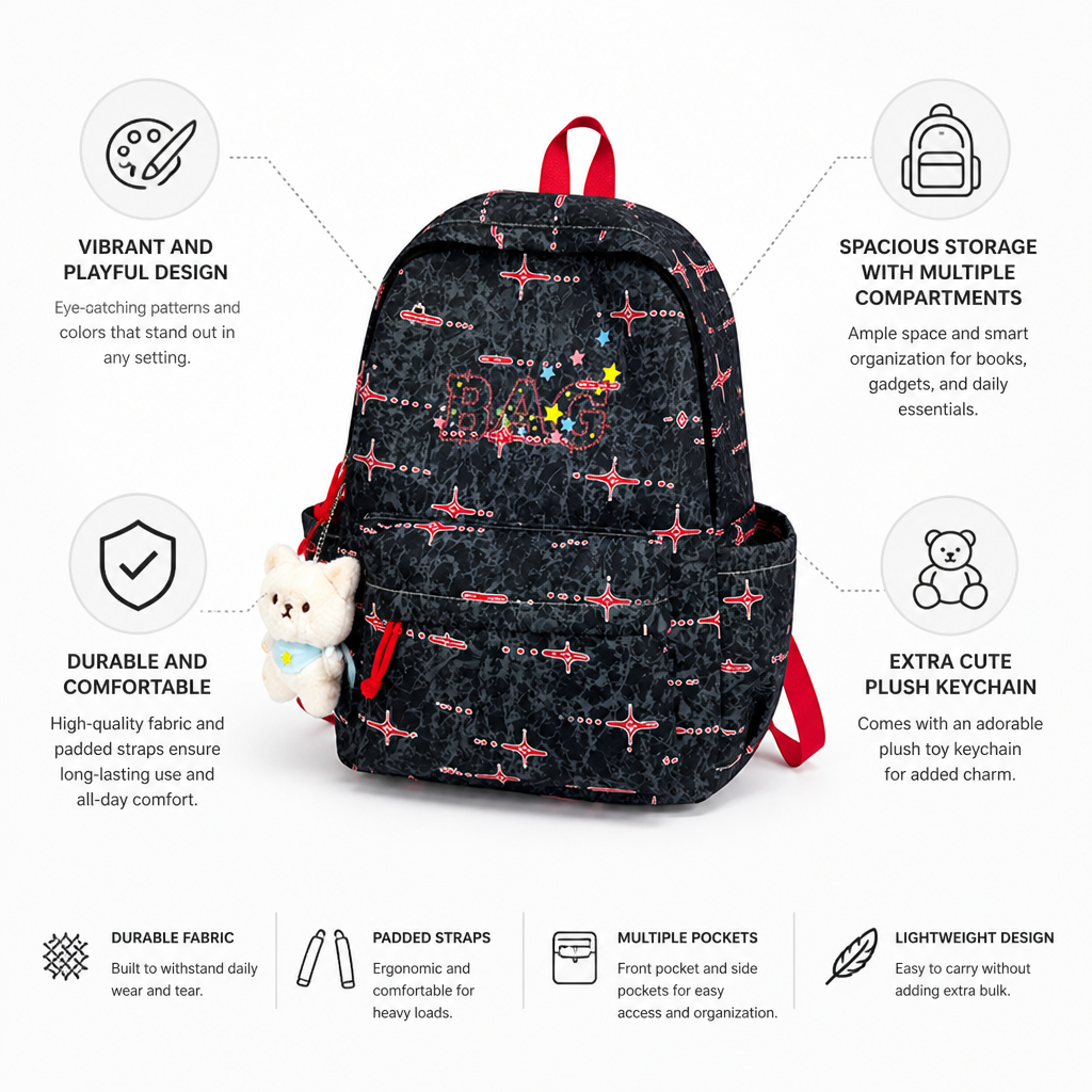 Vibrant Pattern Durable Fabric & Padded Straps Kids Backpack (With Plush Keychain)