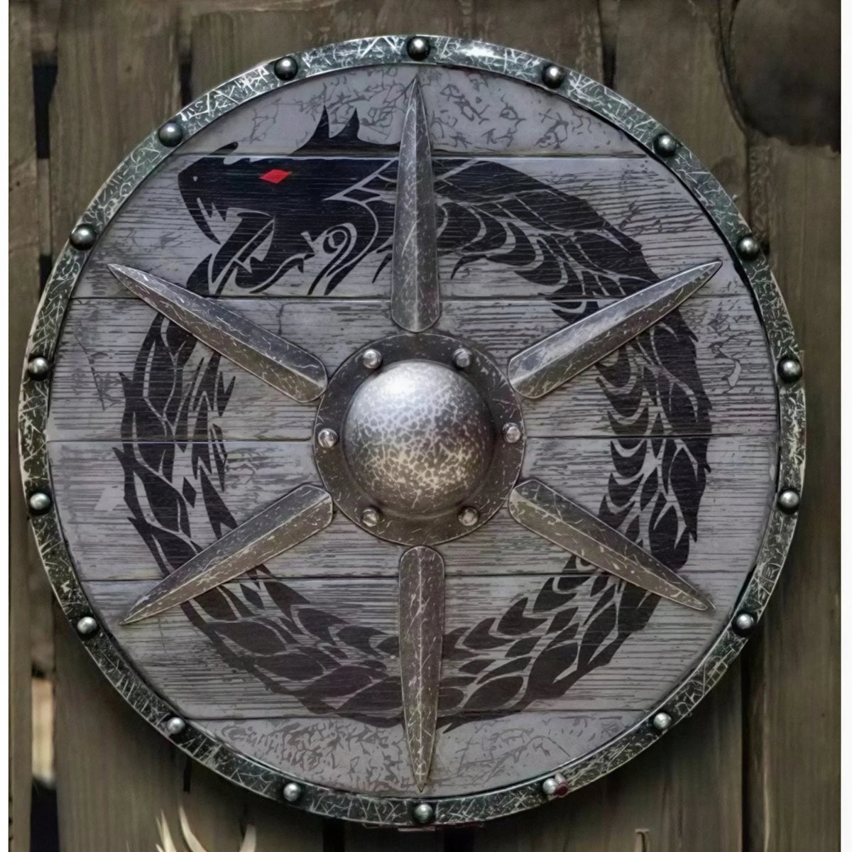 Viking Shield Solid Wood Double Raven Battleworn 12 Inch