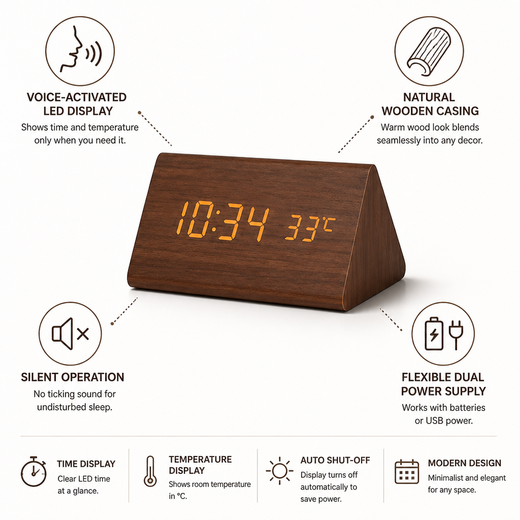 Voice-Activated LED Wooden Alarm Clock