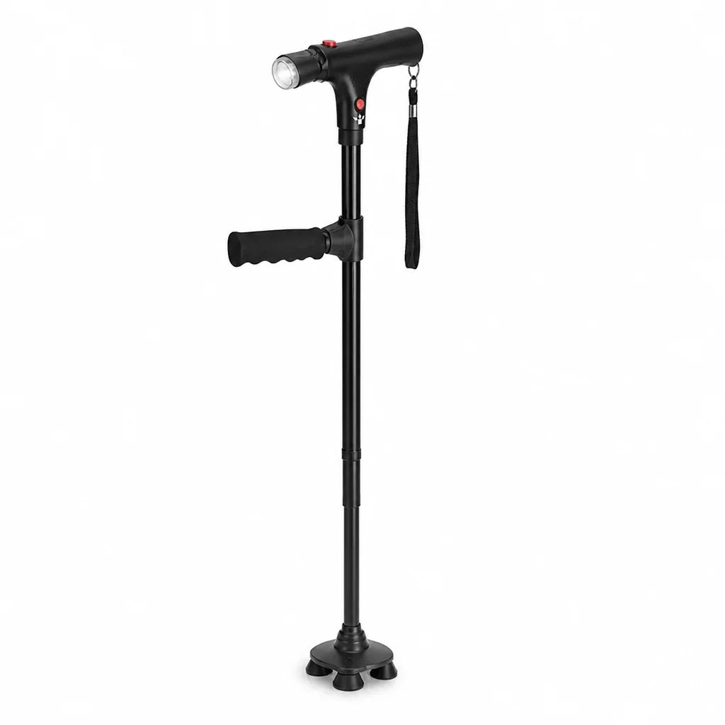 Walking Cane 4-Point Base Folding LED Light & Alarm